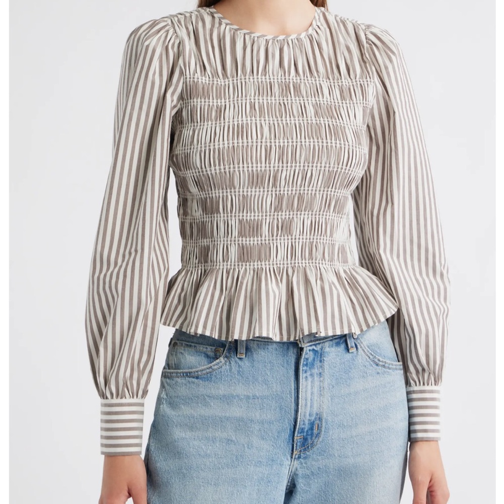 Rails Tabi Smocked Peplum Top in Espresso Ivory Stripe